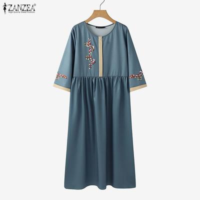 Vestido longo feminino casual com decote redondo e manga 3/4 solta