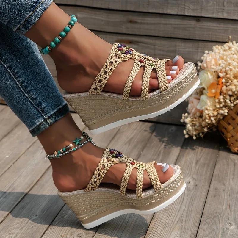 High Quality Women's Shoes Summer New Super High Heel Women's Slippers Fashionable Large Size Wedge Heel Women's Beach Shoes