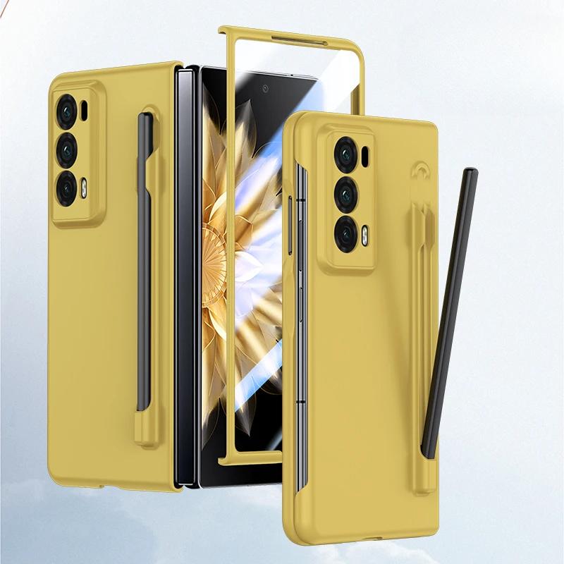 Luxury Armor Case for Honor Magic V2 Matte with Pen Skin Feel Transparent Screen and Solid Color Back Shockproof Hard Plastic Cover