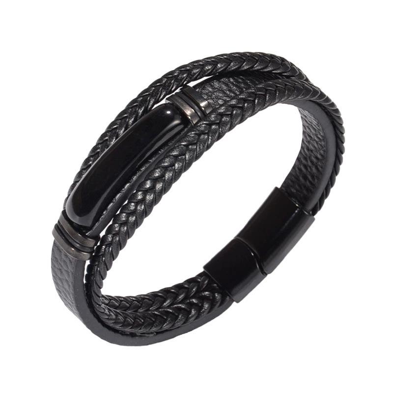 Men's Multi-layer Leather Bracelet with Tiger Eye and Stone Beads, Magnetic Clasp