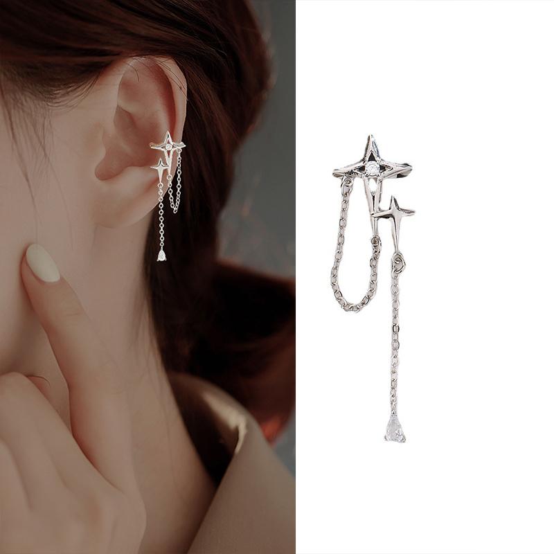 Shiny Cross Stars Tassel Clip Earrings Fake Piercing Ear Cuff Clip-On Earrings Without Hole Clips On Ears Earring Star Cartilage