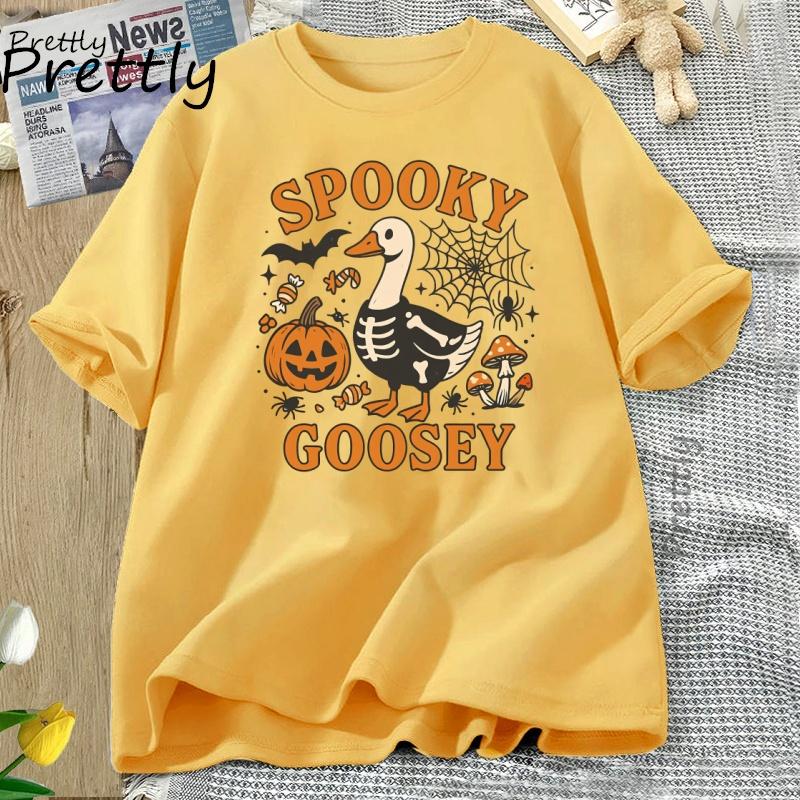 Spooky Goosey TShirt Funny Halloween Goose T Shirt Cute Horror Short Sleeve Pumkin Tshirt Fall Vintage Women Clothing Tops