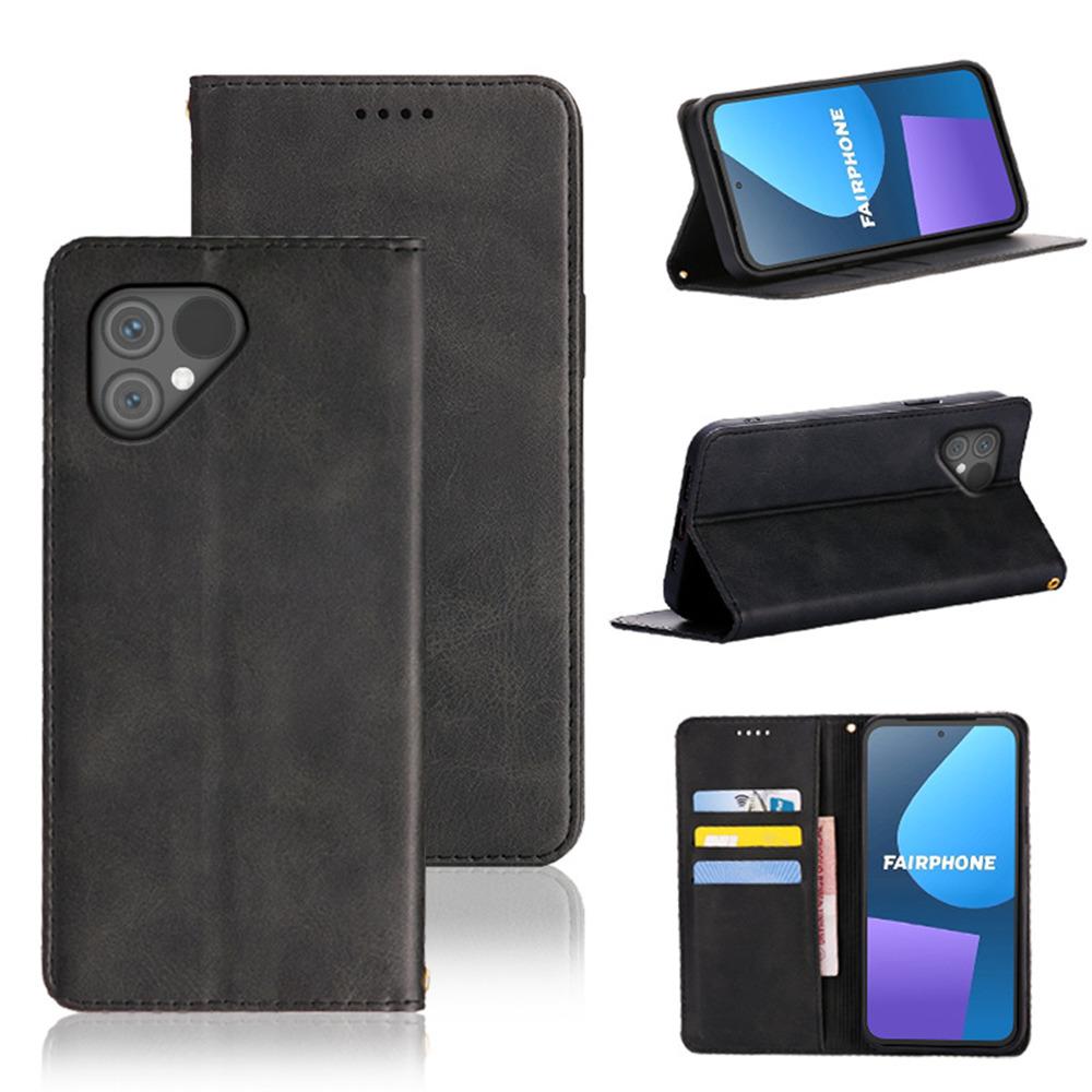 

For Fairphone 5 Case Wallet Calf Texture Leather Phone Cover with Hidden Magnetic Closure Black