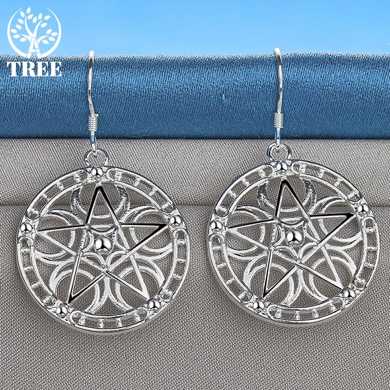 925 Sterling Silver Round Star Pendant Earring Jewelry