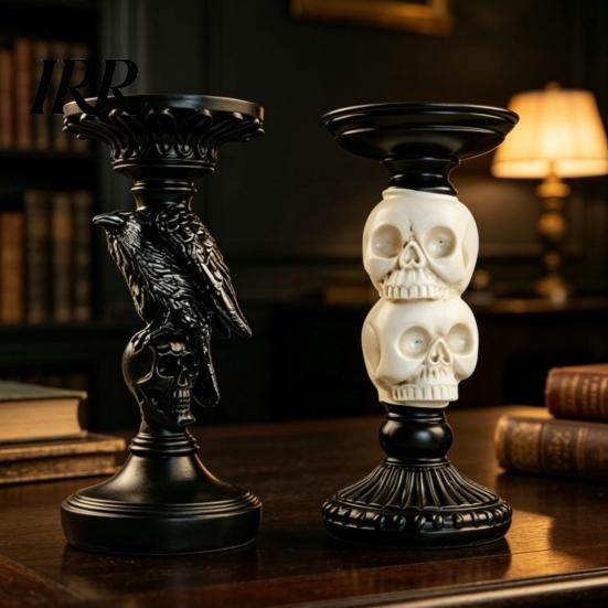 Dark Academia Home Decor Halloween Candlestick Holder Decoration, Gothic Raven Skull Candle Holder, Table Decoration Spooky Taper Stand for