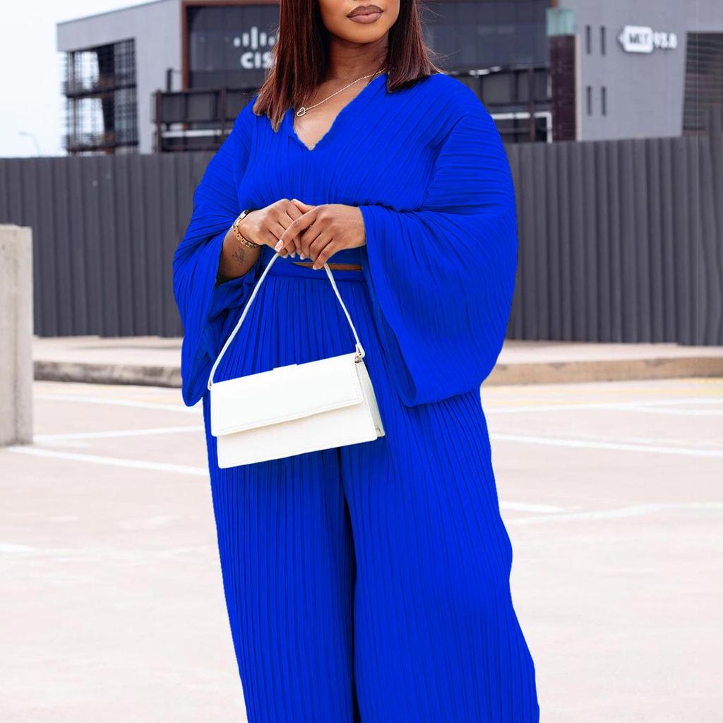 D3271 Women's Spring Fashion: Loose Pleated V-Neck Top & Wide-Leg Pants Two-Piece Set