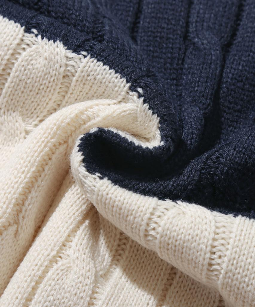 TRILLION Washable Boat Embroidery Cable Crew Neck Knit (Navy Stripe)