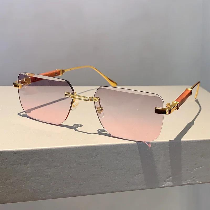 Popular Vintage Rimless Square Sunglasses Women For Men Sun Glasses Punk Pink Shade Luxurious Brand Designer Metal Material Eyeglasses UV400