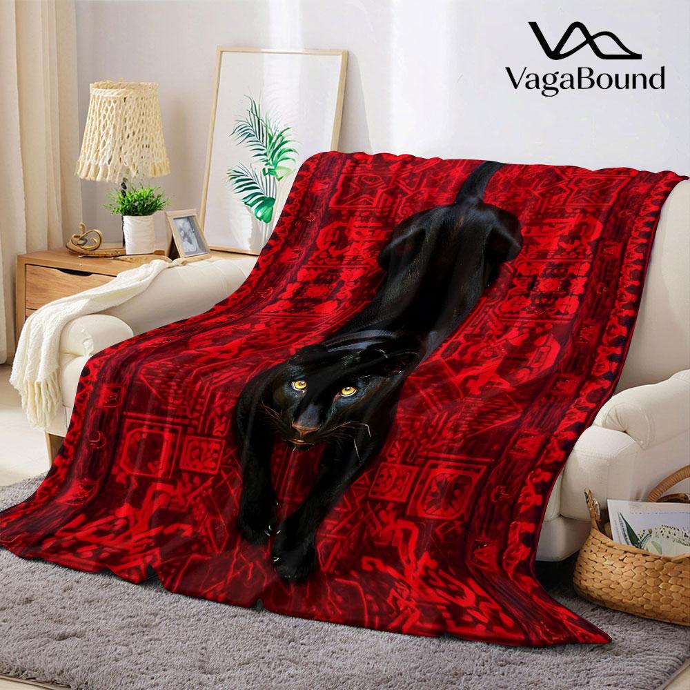 Black Panther Red Background Flannel Blanket Warm Soft Halloween Christmas Couch Warm Cozy Decorative Decor Gift for All Season