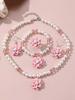 1 Necklace, 1 Bracelet, 1 Ring, 1 Pair of Earrings Set. Chic and Sweet Imitation Pearl and Flower Pendant Jewelry 4-piece Set