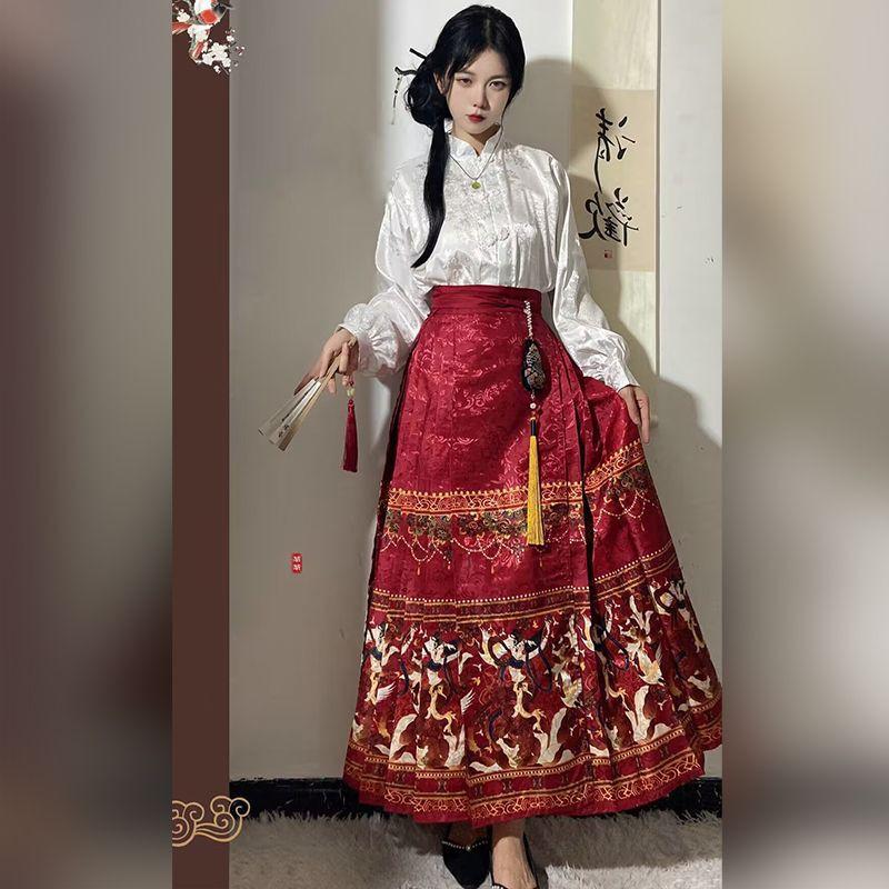 Ming Dynasty Inspired Hanfu Style Stand Collar Blouse With Jacquard Wrap Skirt Women Winter Daily Wear