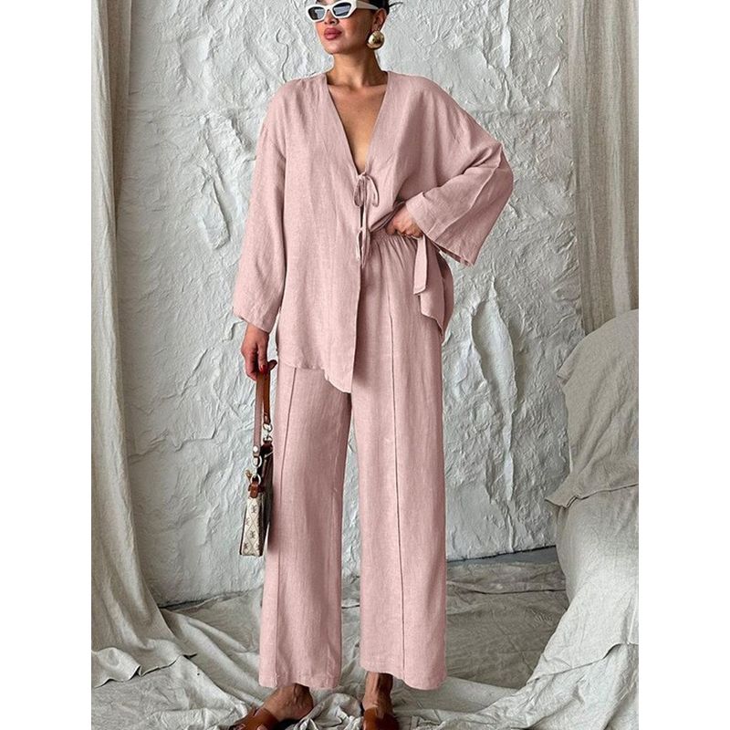 European and American Women clothes 2025 New Cotton Cardigan Lace-up Long sleeve Trousers Home Wear Loose Casual Two-piece Set Suit