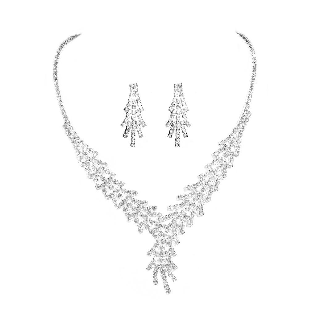 Luxury Shiny Rhinestone Necklace Earrings Set, Premium Temperament Necklace Ear Jewelry