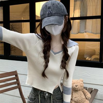 Polo Collar Contrasting Color Long Sleeved Sweater Spring and Autumn Slim Fit Knit Sweater Short Top for Women