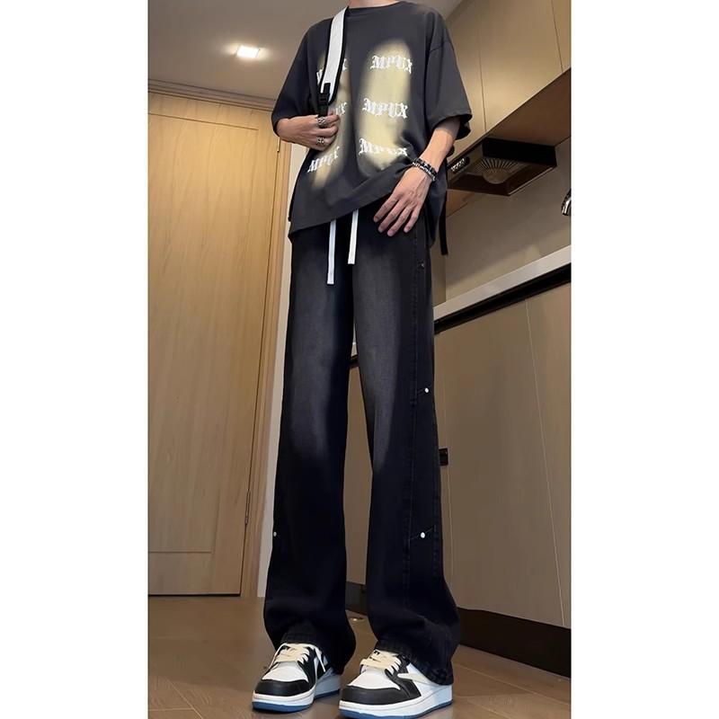 Washed black slim-fitting jeans men's autumn and winter loose straight long pants American high street vibe high-end micro-pull pants