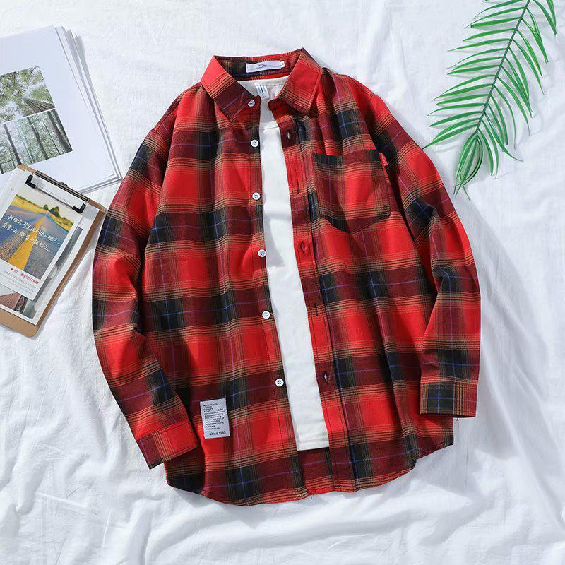 Men's Japanese Plaid Shirt - Harajuku Style, Loose Fit, Long Sleeve, Trendy Student Jacket