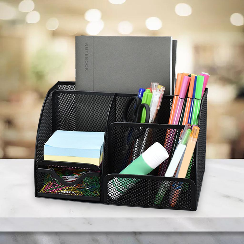 Multifunction Mesh Pen Holder 4/6 Slot with Drawer Pencil Desk Organizer School Home Mesh Pen Pencil Holders Desk Organizers