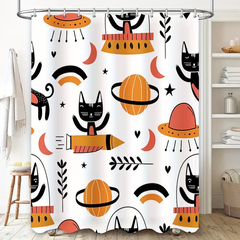 Black Cats Space Shower Curtain for Bathroom Decor Orange Rockets Planets UFOs Cartoon Print Waterproof Fabric Bath Mat Set with