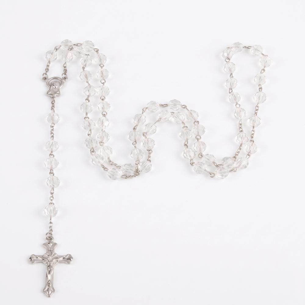 8mm Beads Cross Pendant Necklace Long Chain Crucifix Pendant Chain Rosary Necklace Religious Gift белый