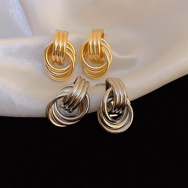 Premium Twisted Knotted Silver Needle Earrings Niche Minimalist Geometric Circle Earrings