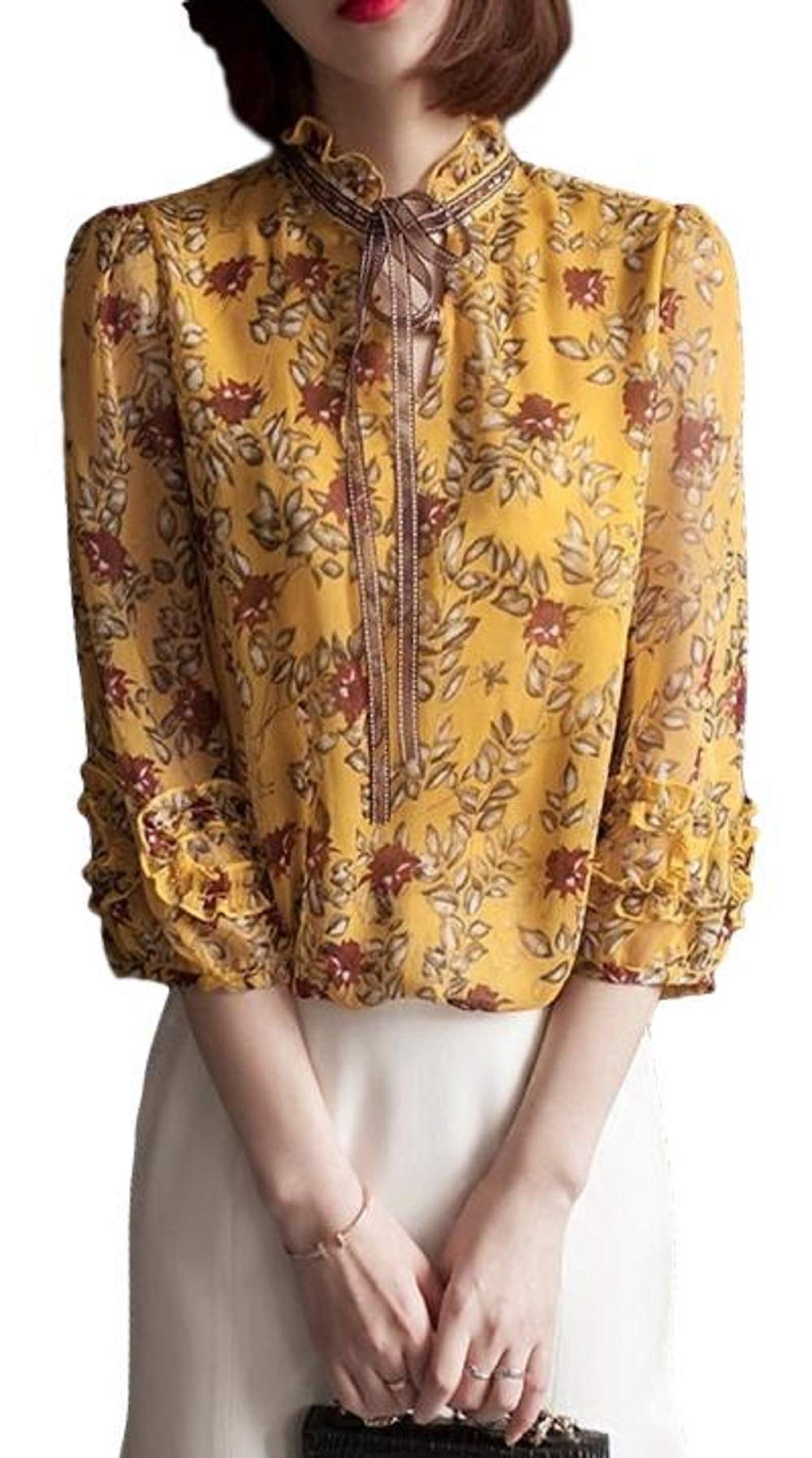 

Шифоновая блузка с цветочной лентой, рукавами-фонариками, большим блестящим цветком, желтым принтом [Sleeping Sheep], воротником, оборками, рукавами, формальная, рукавами, атласная,