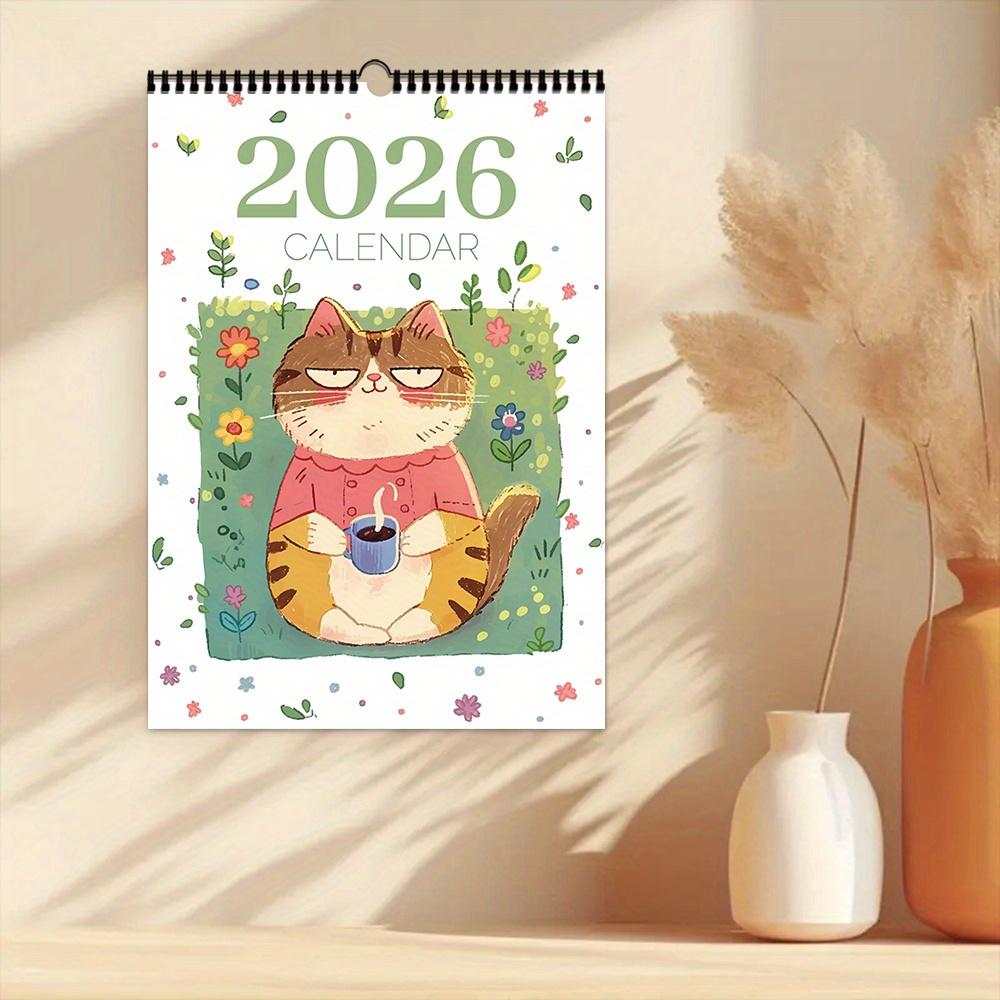 2026 Niedlicher Katzen-Wandkalender - Spiralaufhängungskalender mit 12 handgezeichneten Katzenmotiven 12-Monats-Planer für Zuhause/Büro