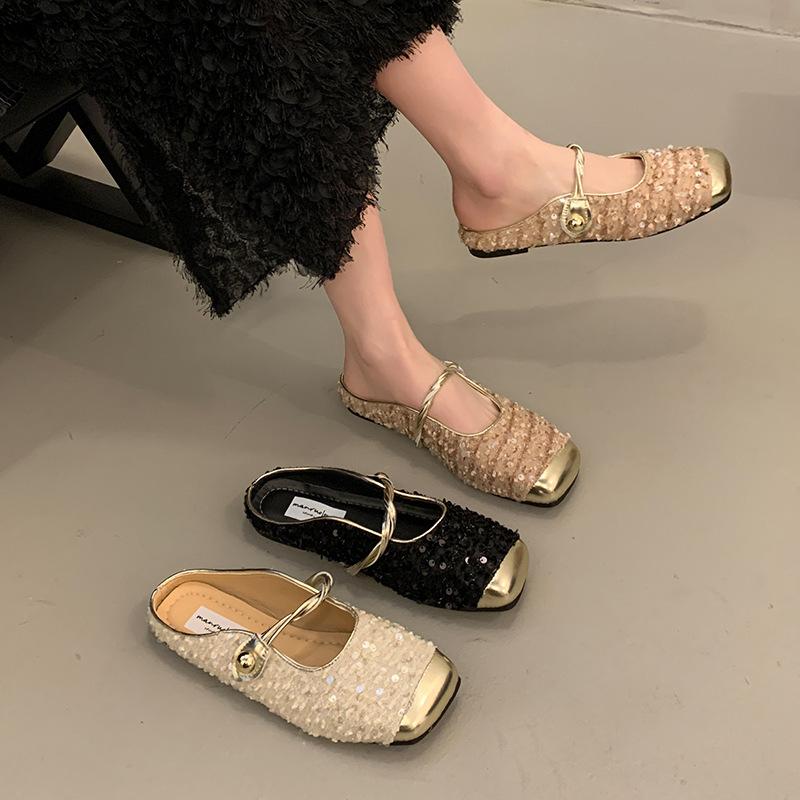 Flat heel bag head Mary Jane cool slippers women's 2025 new sequined Buling temperament sandals with skirt half slippers