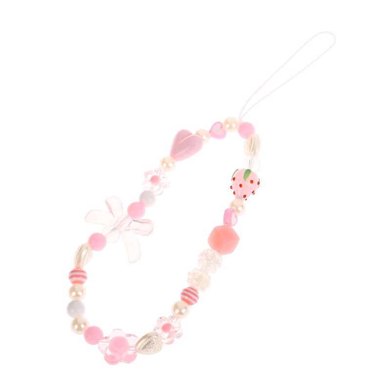 Flori telefon lanț căpșuni mărgele pandantiv farmec dulce bowknot agățat frânghie anti-pierdere curea încheietura mâinii geantă decor