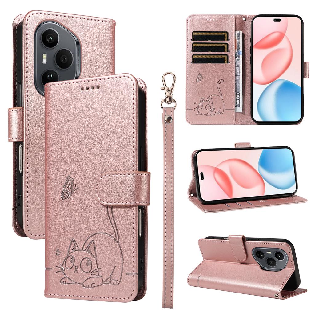 For Honor 400 Pro 5G (Global) Case Cat Pattern Imprint Leather Phone Cover with Wrist Strap