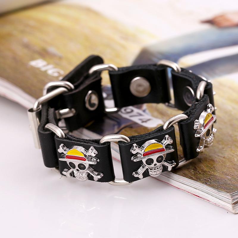 Pirate Skull Leather Bracelet: Two Color Options - Anime Inspired Jewelry