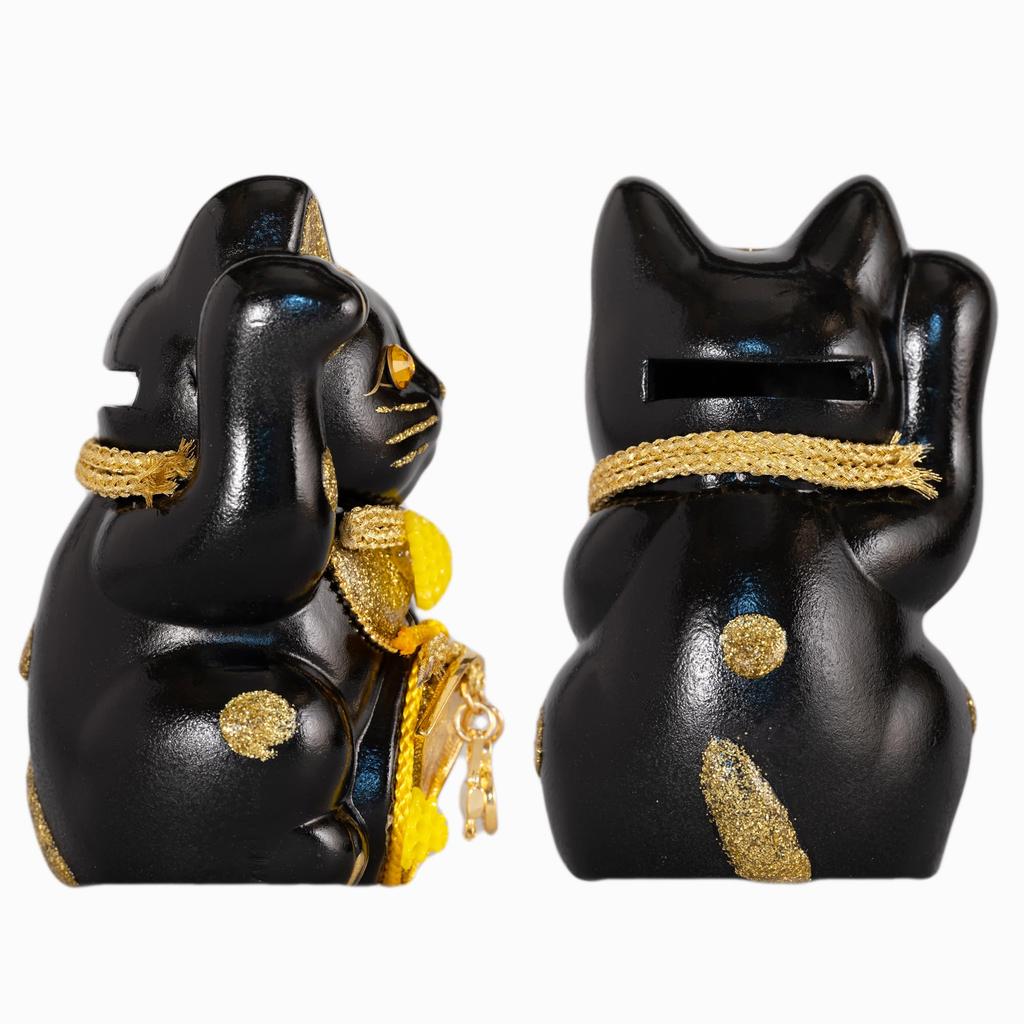 Lucky Cat Maneki Neko Right Paw Lucky Cat Maneki Neko Feng Shui Figurine with Offering Box (Lucky Cat) (S-SIZE Black) Raised/Ceramic (Lucky Cat) (fa_S