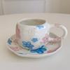 220ml Korean Style Flower Pattern Ceramic Cup and Saucer Hand-painted Letters Irregular Flower Coffee Mugs Afternoon Tea Cups