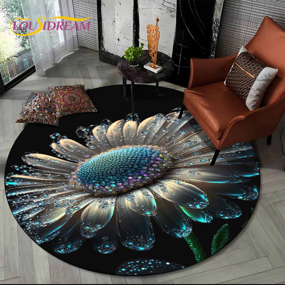 Luxuriöser Sonnenblumen 3D Rosen Nordische Gänseblümchen Runder Teppich Teppich für Wohnzimmer Schlafzimmer Sofa Dekor, Kinderbereich Teppich Rutschfeste Bodenmatte Geschenk