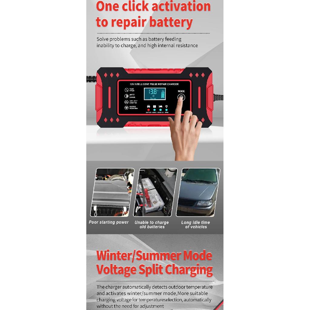 6A 12V Intelligent Car Battery Charger Car and Motorcycle Battery Charging Unit Lead-Acid Battery Repair LCD Display