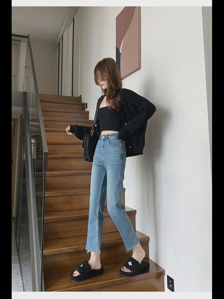 Women's High-Waist Slim Black & Gray Cropped Cigarette Pants for Autumn/Winter