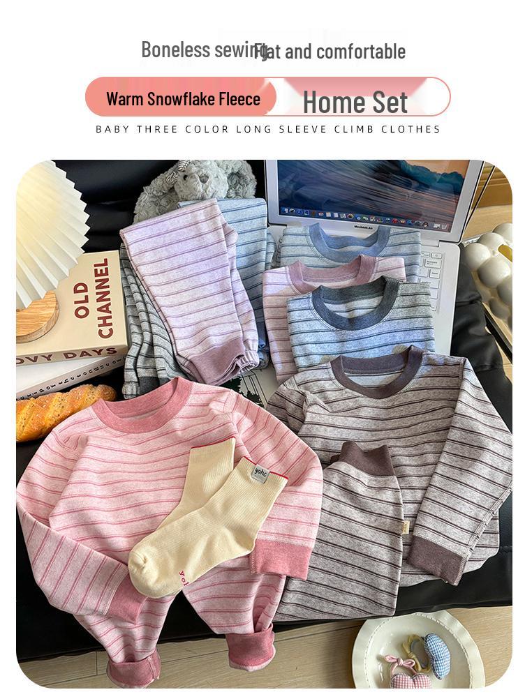 Children's Velvet Cotton Underwear Set: Thickened Autumn Striped Home Wear for Boys and Girls