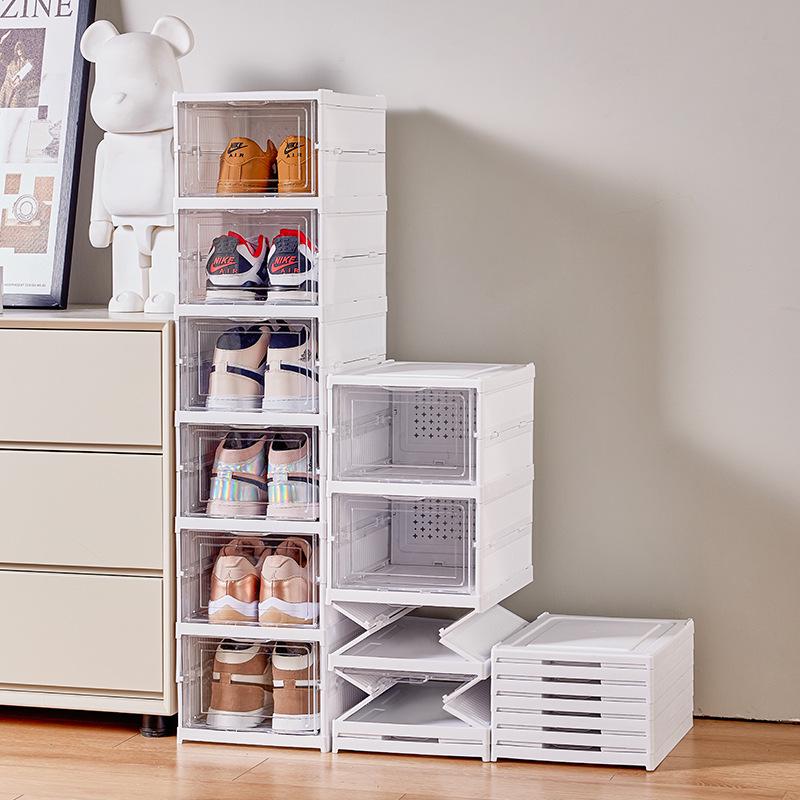 Multi-Layer Foldable Shoe Box Rack: Easy Installation, Space-Saving Storage, One-Pull Setup.