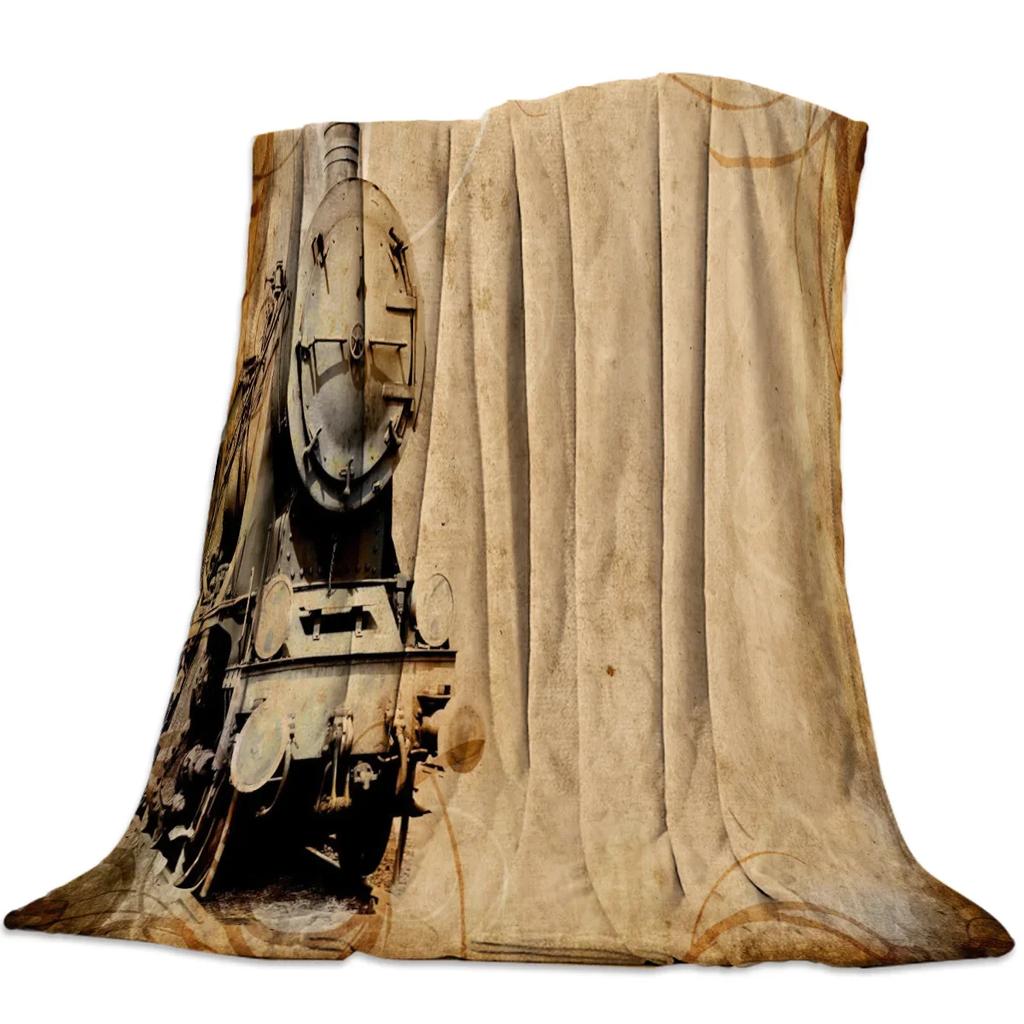 Flannel Blankets The Steam Age Of Old Trains Blanket Cushion Warm Throws on Sofa Bed Home Bedspread Travel Fleece Blanket Queen