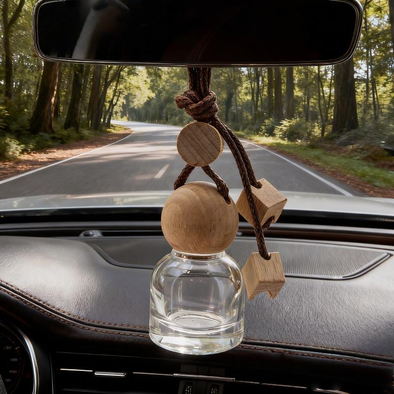 1Pcs Perfume Glass Bottle Empty Car Air Freshener Pendant With Wooden Caps Refillable Car Essential Oil Diffuser Bottle