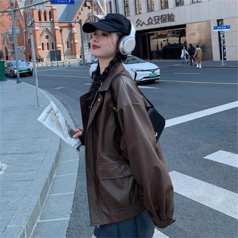American Retro PU Leather Coat Women Spring Autumn High Fashion Lapel Motorcycle Women Tops Jacket Coat Plus Size