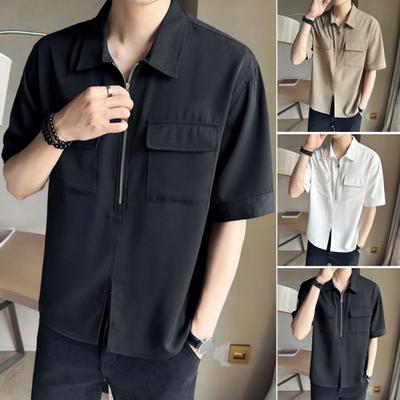 Men Summer Cargo Shirt Half Zipper Split Hem Chest Pockets Short Sleeve Turn-down Collar Loose Solid Color Pullover Streetwear Men Daily Top