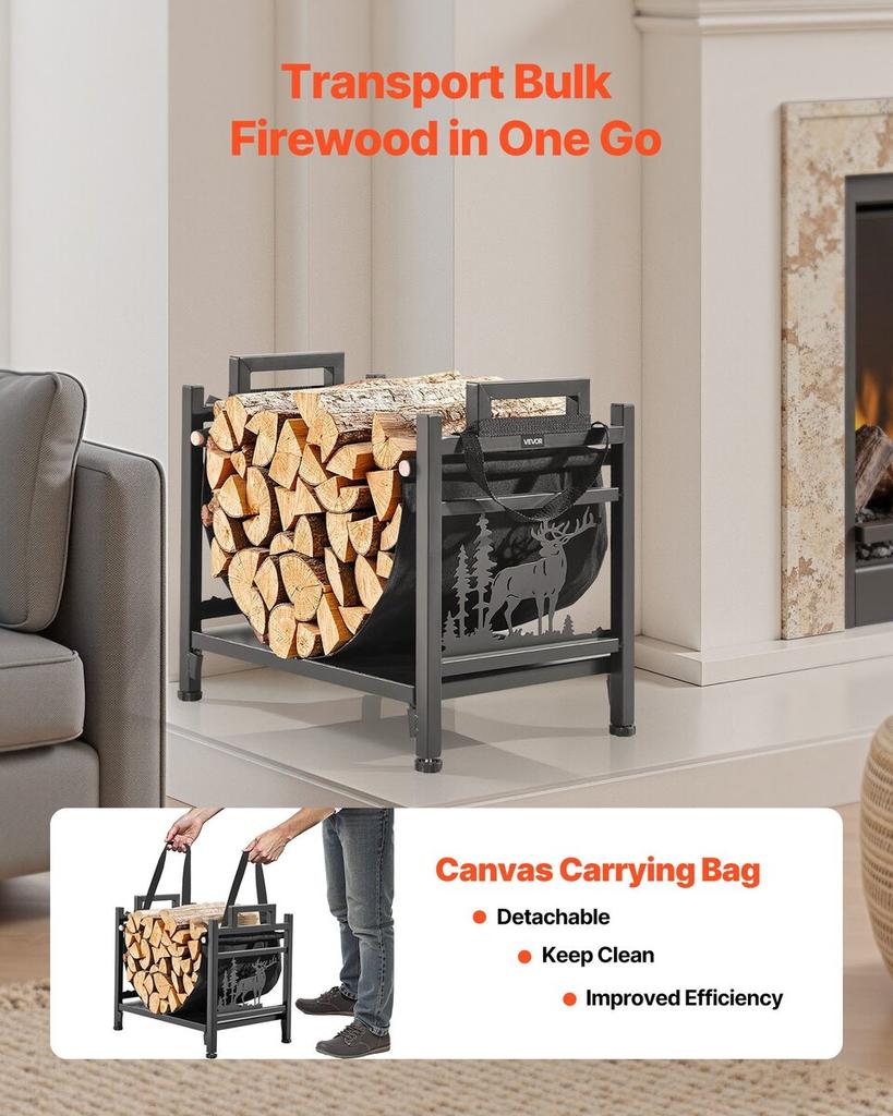 Indoor Firewood Rack, 45cm Curved Log Holder with Canvas Carrier, 18kg Weight Capacity Wood Storage Stand, Powder-Coated Steel Firewood Holder, Heavy