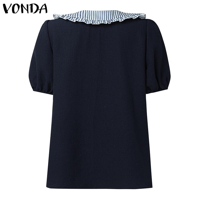 VONDA Women Girls Puff Sleeve Bow Knot Fake Two-piece Plaid Casual Blouse