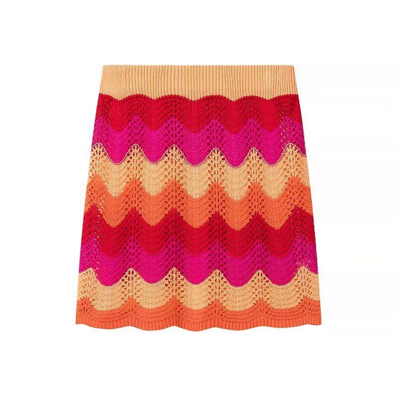 

Romantic Careerist French style Art Style Dopamine Wave Knitting Top Slimming Sheath Skirt Two-piece Set Wavy Contrast Color Skirt L