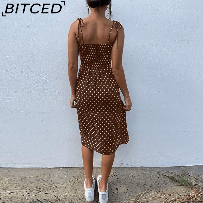BITCED Kleider Sommerkleid Sommer Damen Lässig Ärmellos Gepunktet Strandkleid Hohe Taille Plissiert V-Ausschnitt Vestidos De Verano