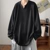 Spring Autumn Men Top V Neck Long Sleeves Oversized Solid Color Loose Mid Length Striped Texture Pullover Hip Hop Streetwear Sweatshirt