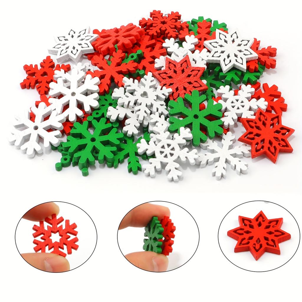 50 Pcs Random Mixed Color Snowflake Wooden Chips DIY Christmas Tree Decor Red White & Green Snowflakes Christmas Wood Chips