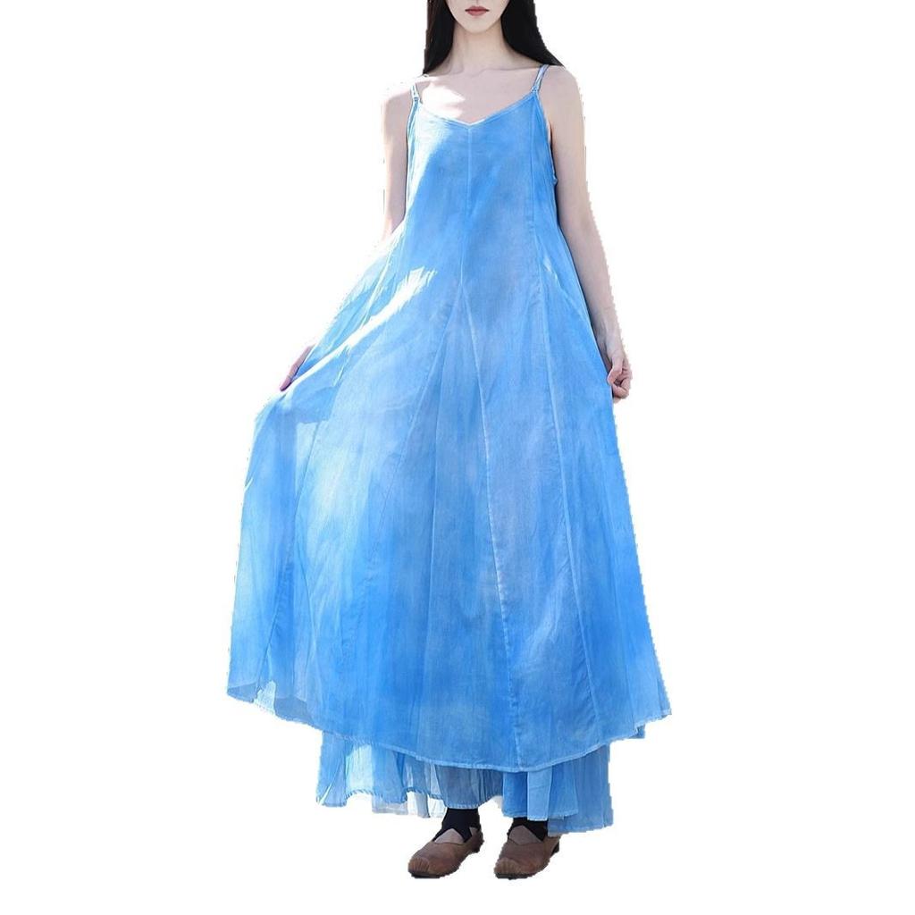 Homemade plant dyeing spray dyeing suspender long dress irregular big swing literary dress cool blue