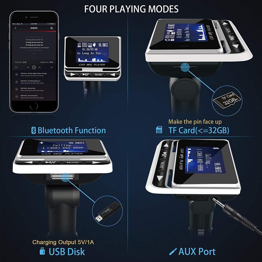 Velký LCD displej Bezdrátový FM vysílač Bluetooth Podpora hudebního přehrávače do auta TF/SD/MMC/MP3/CD/DVD