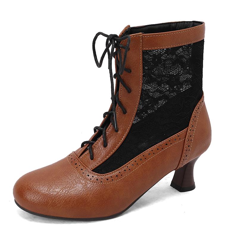 Retro Cosplay Summer Boots Women Patchwork Mesh Shoes Spring Victoria Leather Chunky Kitten Heels